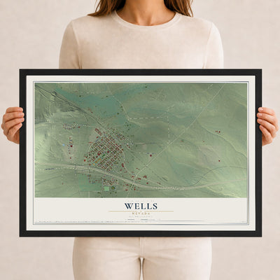 Map of Wells, Nevada, 12 x 18 inch print in a black wood frame