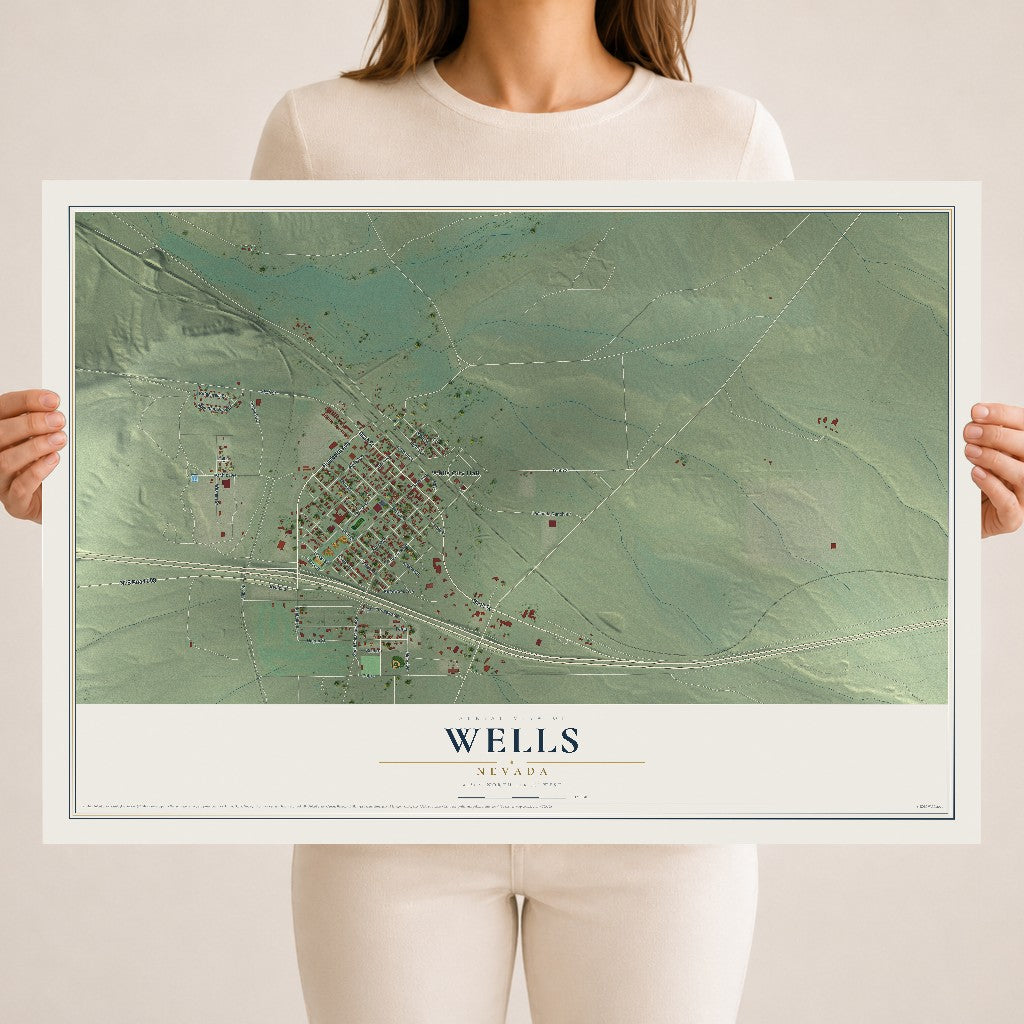 Map of Wells, Nevada, 18 x 24 inch unframed archival matte print
