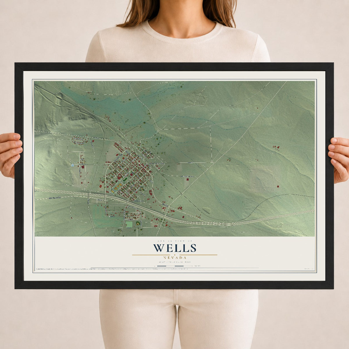 Map of Wells, Nevada, 18 x 24 inch print in a black wood frame