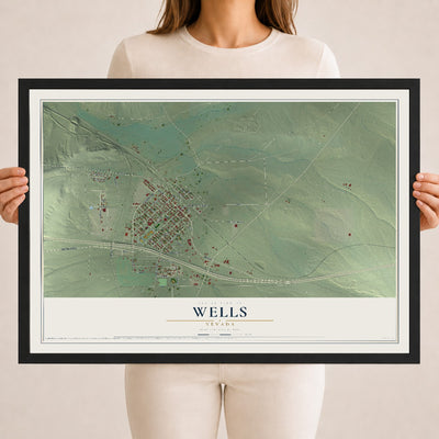 Map of Wells, Nevada, 18 x 24 inch print in a black wood frame