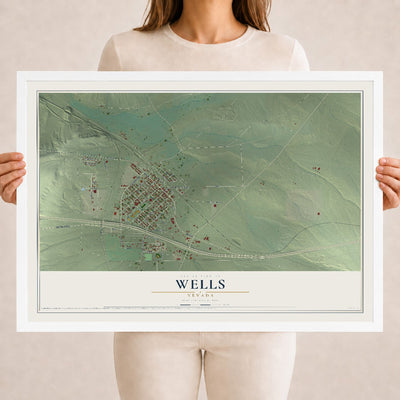 Map of Wells, Nevada, 18 x 24 inch print in a white wood frame