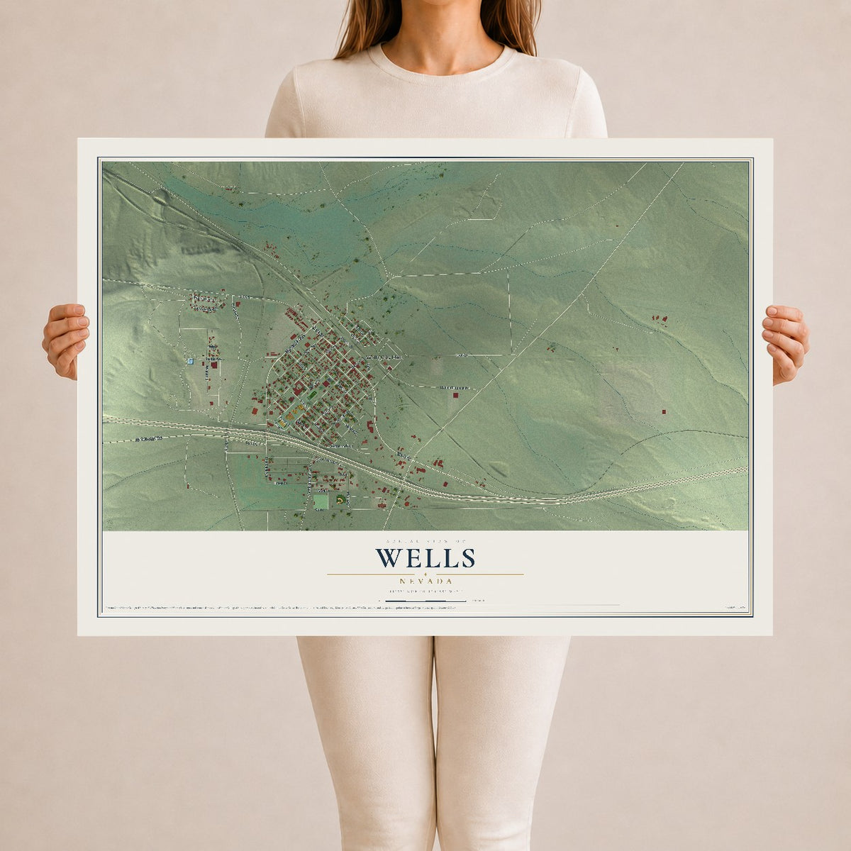 Map of Wells, Nevada, 24 x 36 inch unframed archival matte print