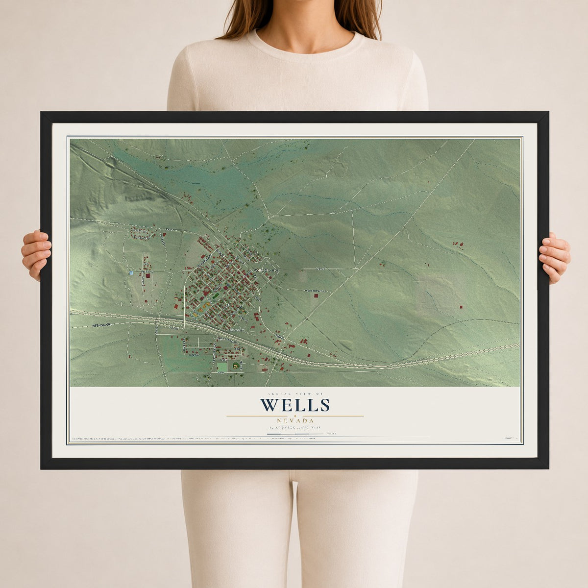 Map of Wells, Nevada, 24 x 36 inch print in a black wood frame