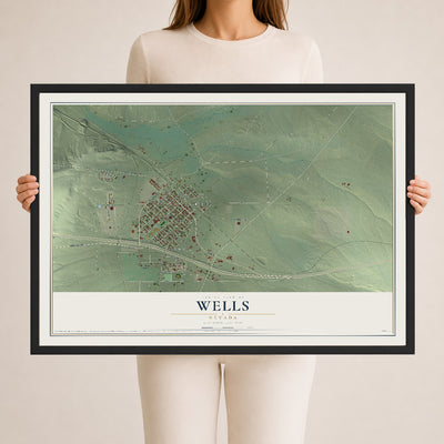 Map of Wells, Nevada, 24 x 36 inch print in a black wood frame
