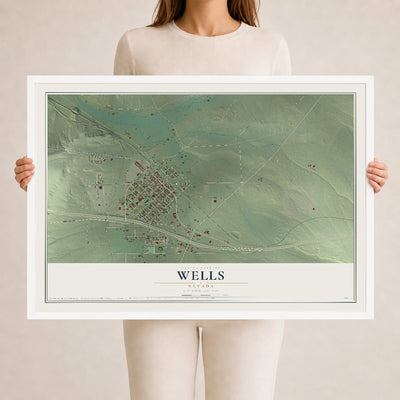 Map of Wells, Nevada, 24 x 36 inch print in a white wood frame