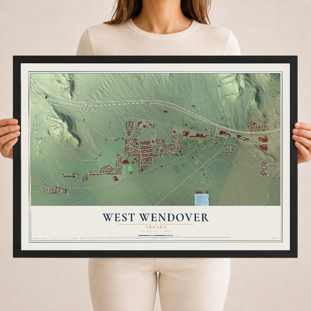 Map of West Wendover, Nevada, 18 x 24 inch print in a black wood frame