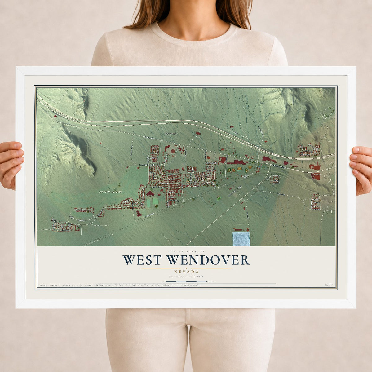 Map of West Wendover, Nevada, 18 x 24 inch print in a white wood frame