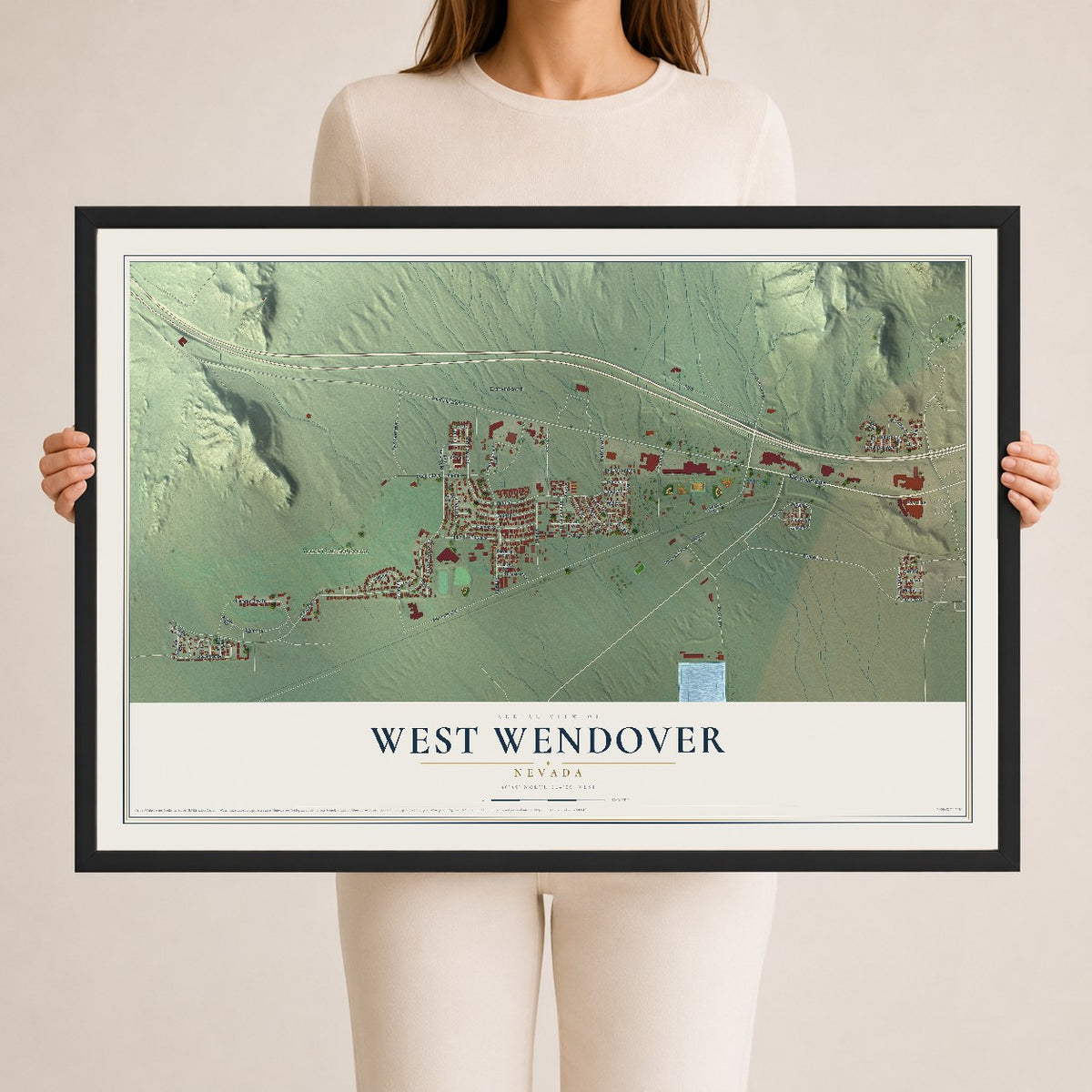 Map of West Wendover, Nevada, 24 x 36 inch print in a black wood frame