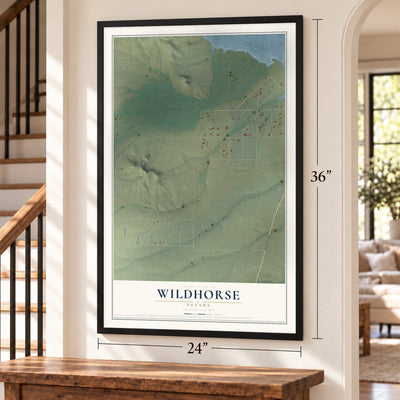 Wildhorse, Nevada map, 24 x 36 inch print in a black frame by a staircase