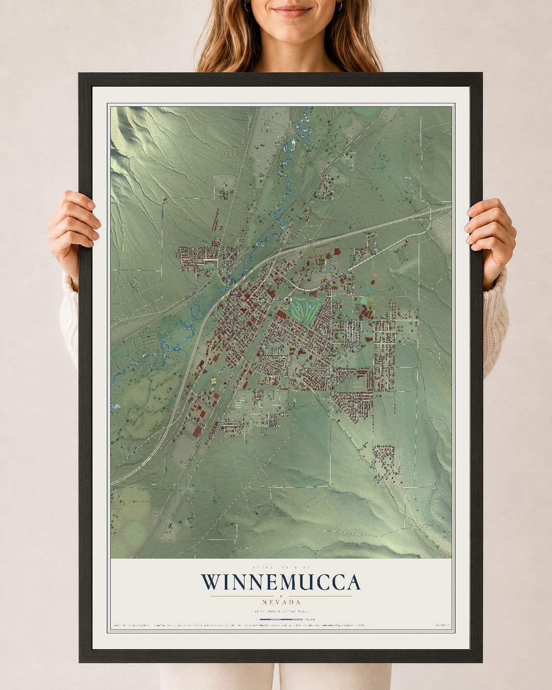 Map of Winnemucca, Nevada, 24 x 36 inch print in a black wood frame