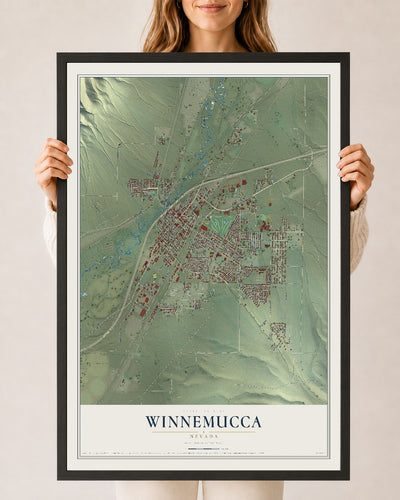Map of Winnemucca, Nevada, 24 x 36 inch print in a black wood frame