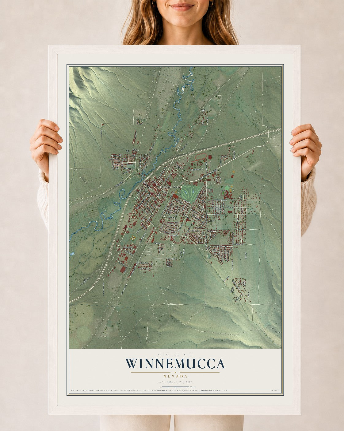 Map of Winnemucca, Nevada, 24 x 36 inch print in a white wood frame