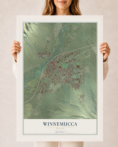 Map of Winnemucca, Nevada, 24 x 36 inch print in a white wood frame