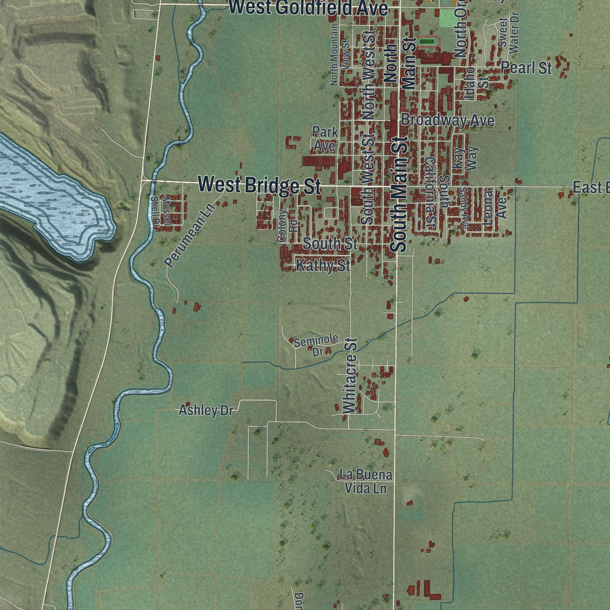 Close-up of the map of Yerington, Nevada print showing street and building detail
