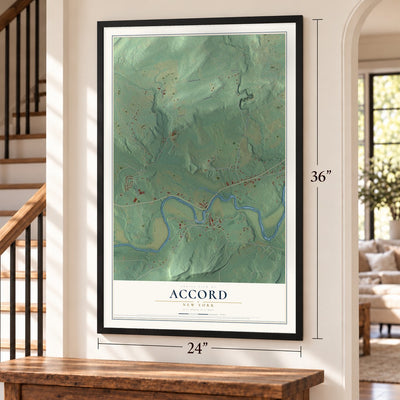 Accord, New York map, 24 x 36 inch print in a black frame by a staircase