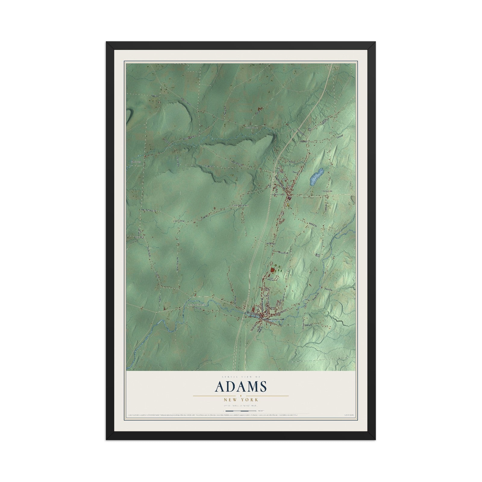 Adams, New York map print, 12" x 18" W/ Black Ayous Wood Frame mockup