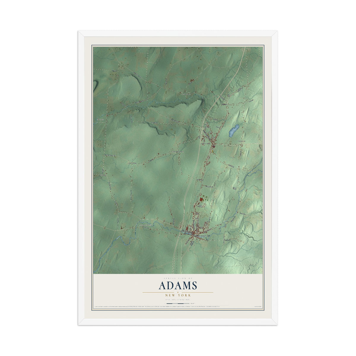 Adams, New York map print, 12" x 18" W/ White Ayous Wood Frame mockup