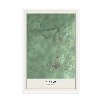 Adams, New York map print, 12" x 18" W/ White Ayous Wood Frame mockup