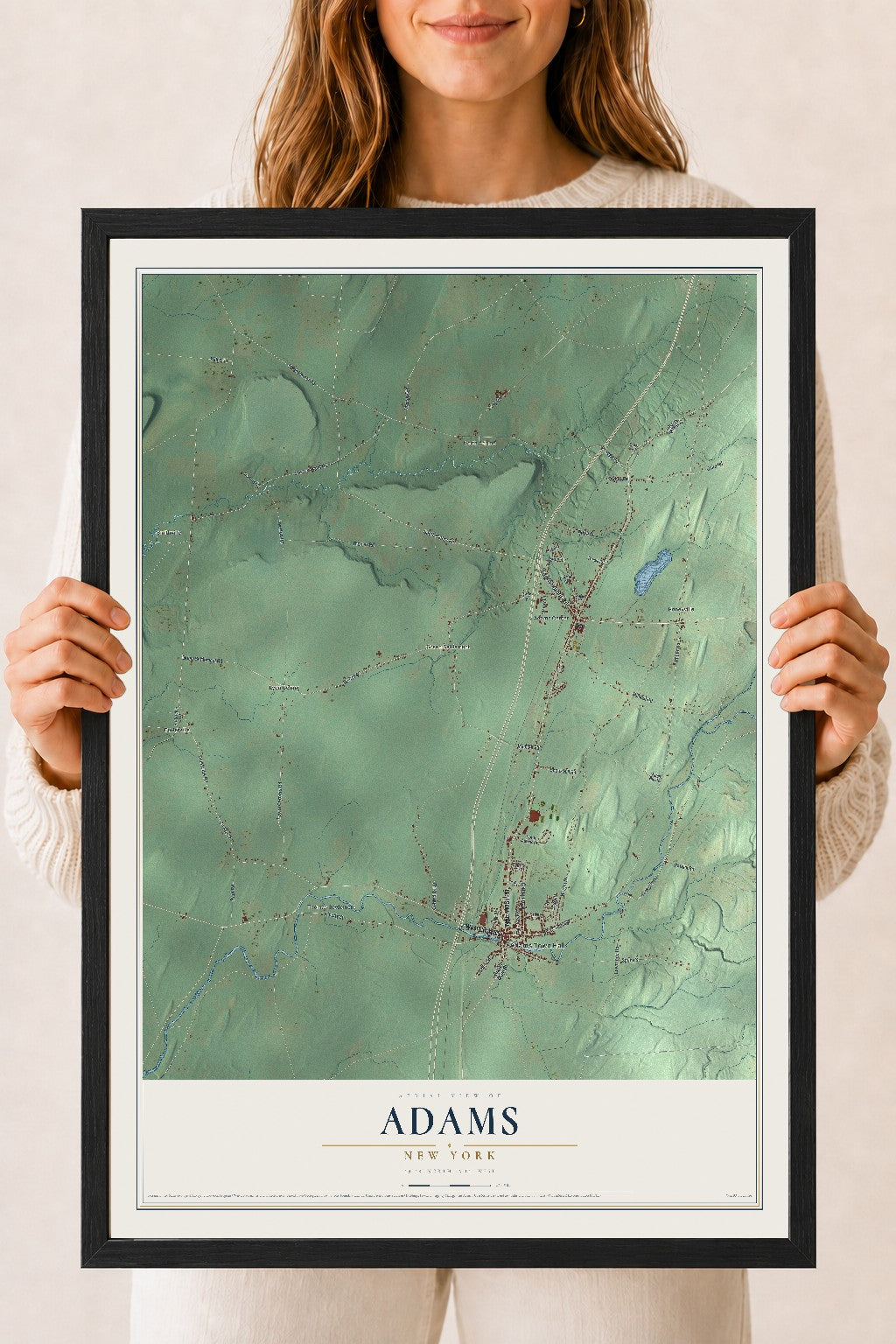 Adams, New York map print, 18" x 24" W/ Black Ayous Wood Frame mockup