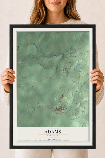 Adams, New York map print, 18" x 24" W/ Black Ayous Wood Frame mockup