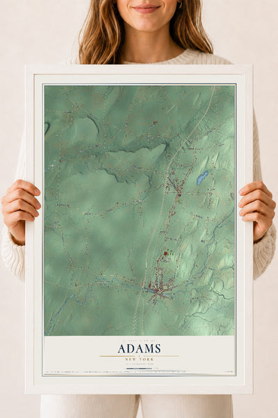 Adams, New York map print, 18" x 24" W/ White Ayous Wood Frame mockup