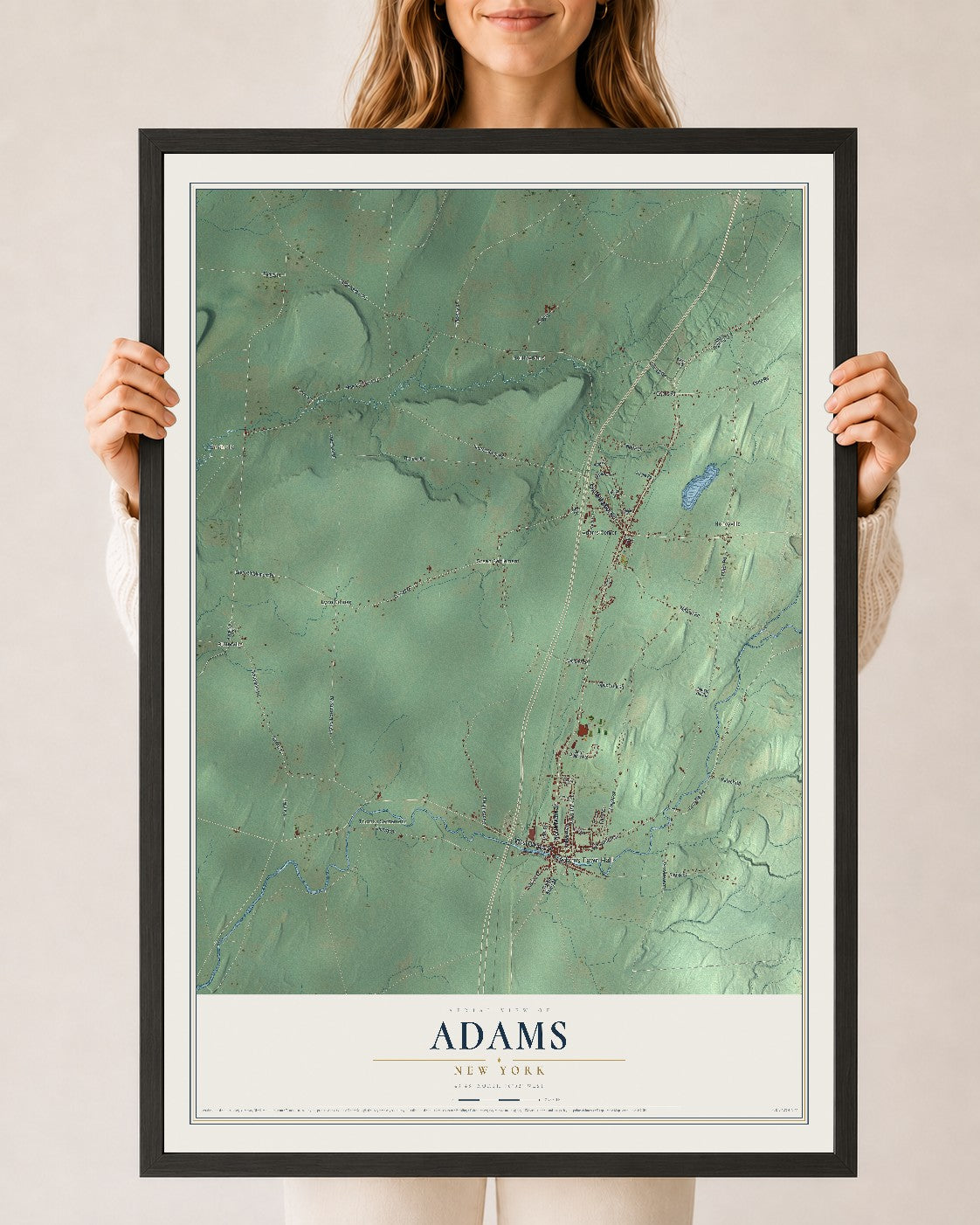 Adams, New York map print, 24" x 36" W/ Black Ayous Wood Frame mockup