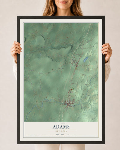 Adams, New York map print, 24" x 36" W/ Black Ayous Wood Frame mockup