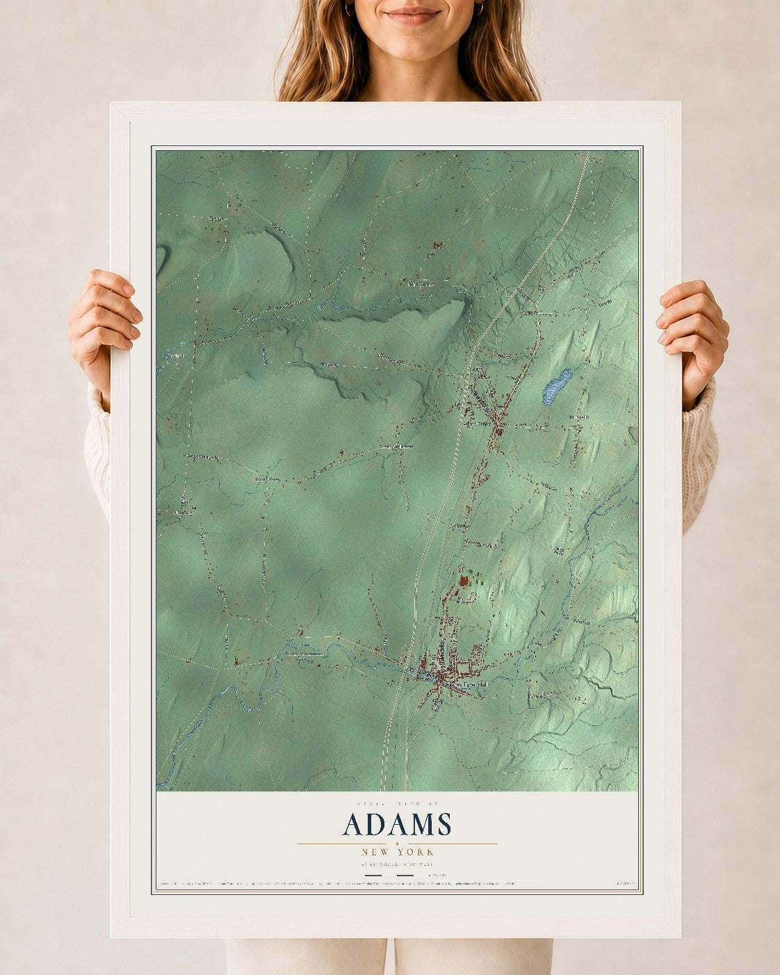 Adams, New York map print, 24" x 36" W/ White Ayous Wood Frame mockup