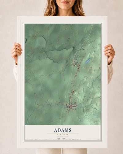 Adams, New York map print, 24" x 36" W/ White Ayous Wood Frame mockup