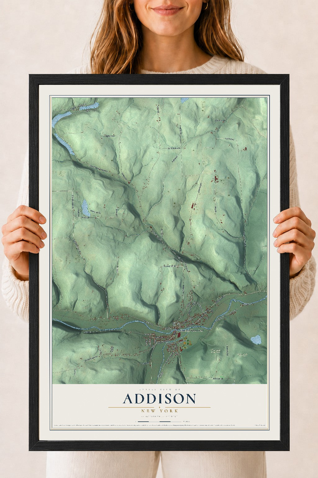 Addison, New York map print, 18" x 24" W/ Black Ayous Wood Frame mockup
