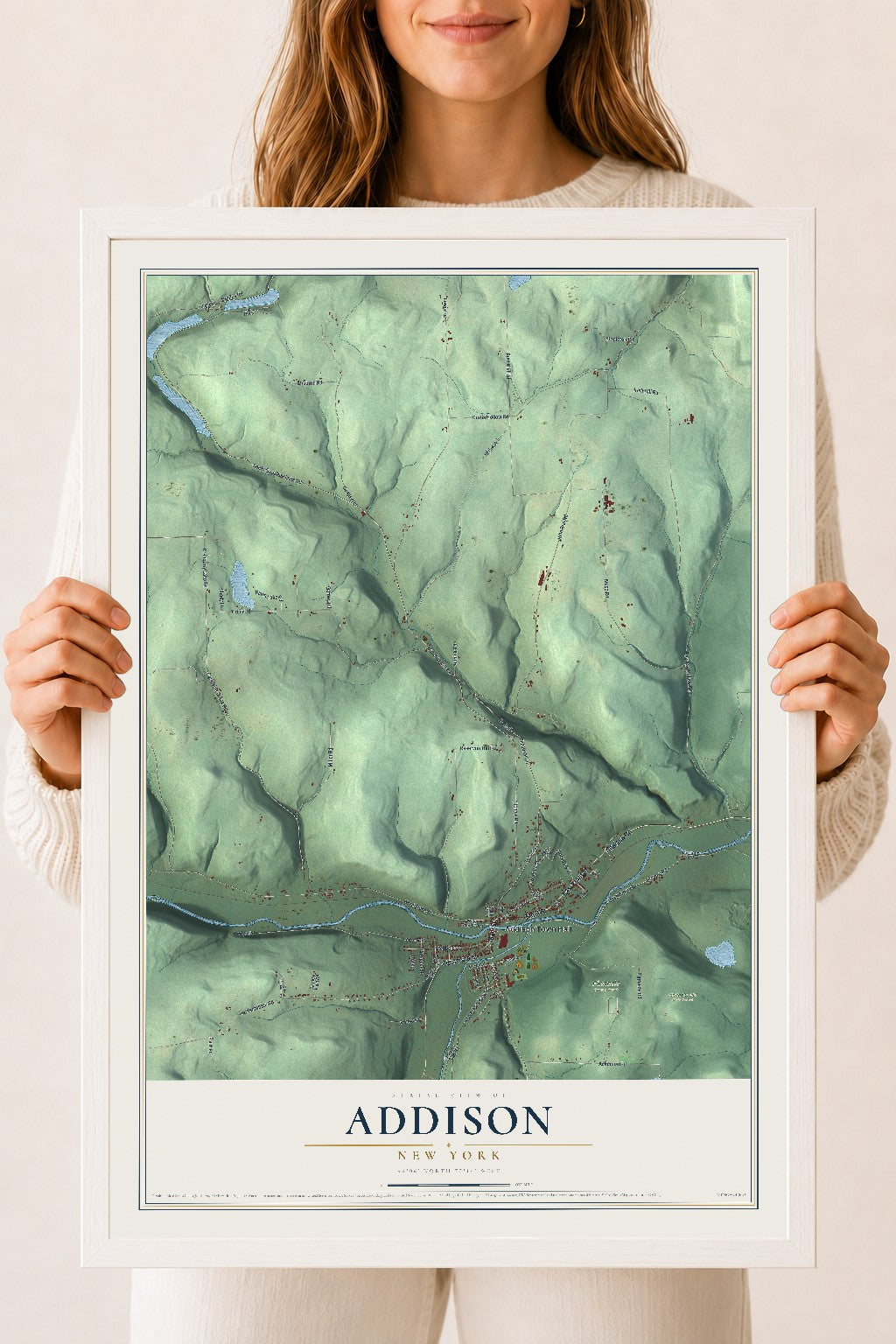 Addison, New York map print, 18" x 24" W/ White Ayous Wood Frame mockup