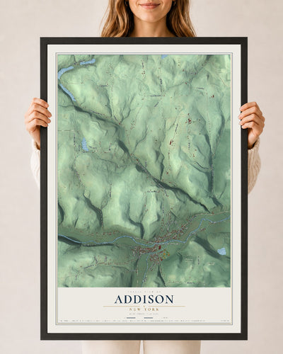 Addison, New York map print, 24" x 36" W/ Black Ayous Wood Frame mockup