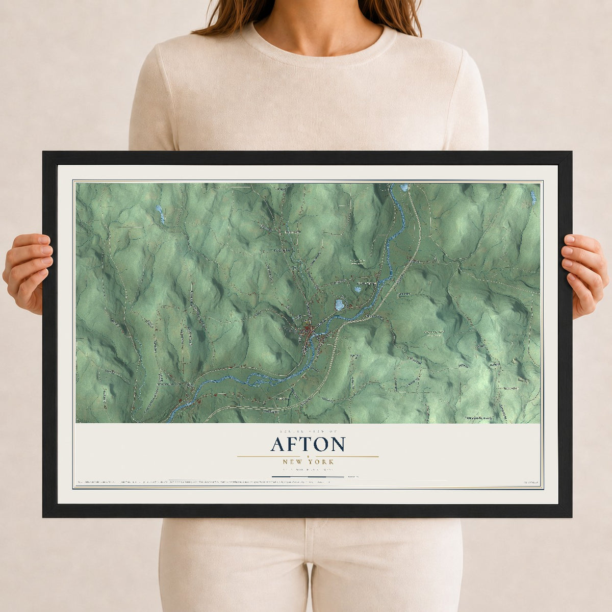 Afton, New York map print, 12" x 18" W/ Black Ayous Wood Frame mockup