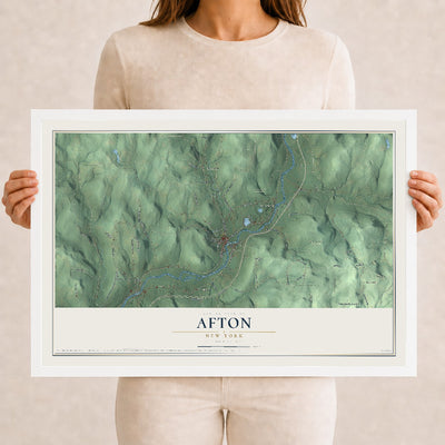 Afton, New York map print, 12" x 18" W/ White Ayous Wood Frame mockup