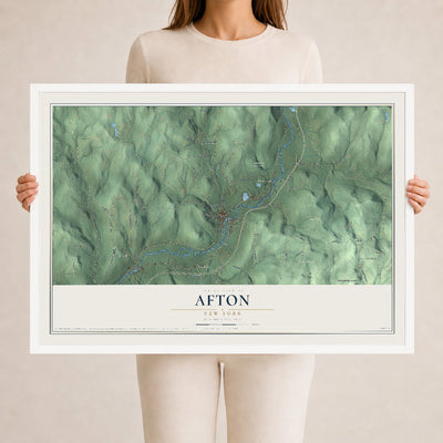 Afton, New York map print, 24" x 36" W/ White Ayous Wood Frame mockup