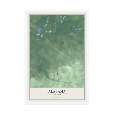 Alabama, New York map print, 12" x 18" W/ White Ayous Wood Frame mockup