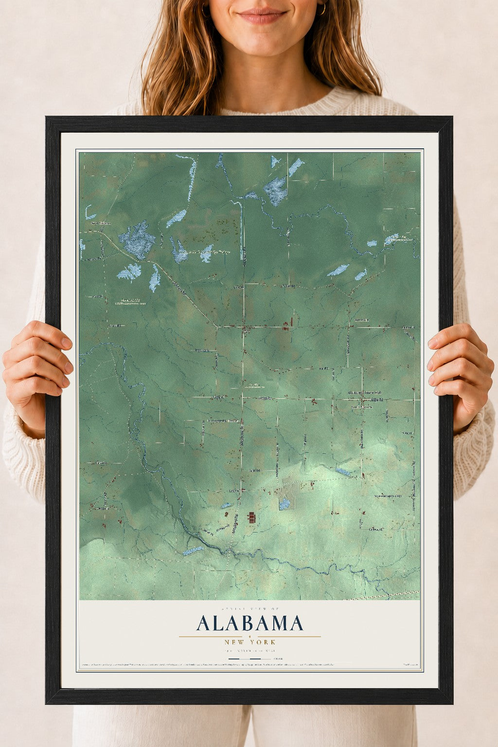 Alabama, New York map print, 18" x 24" W/ Black Ayous Wood Frame mockup