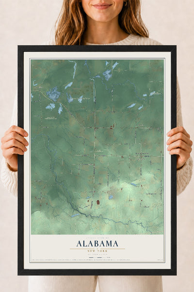 Alabama, New York map print, 18" x 24" W/ Black Ayous Wood Frame mockup