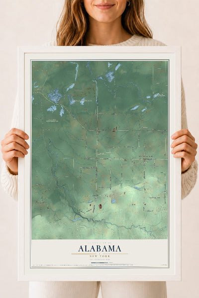 Alabama, New York map print, 18" x 24" W/ White Ayous Wood Frame mockup