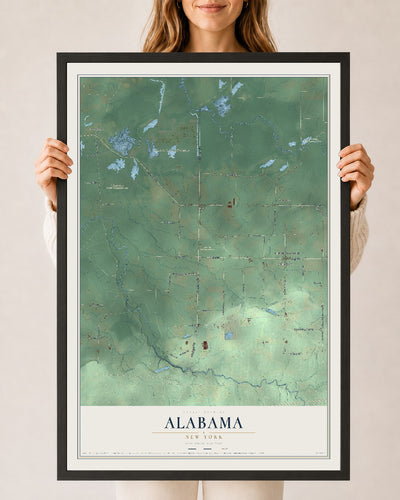 Alabama, New York map print, 24" x 36" W/ Black Ayous Wood Frame mockup