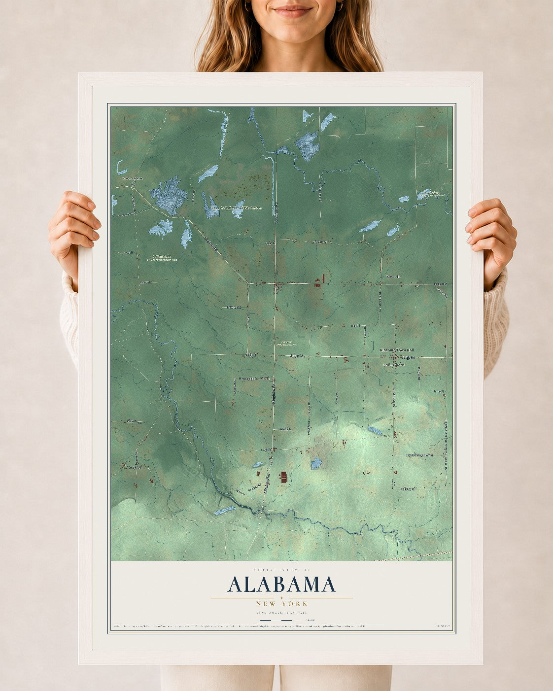 Alabama, New York map print, 24" x 36" W/ White Ayous Wood Frame mockup