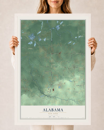 Alabama, New York map print, 24" x 36" W/ White Ayous Wood Frame mockup