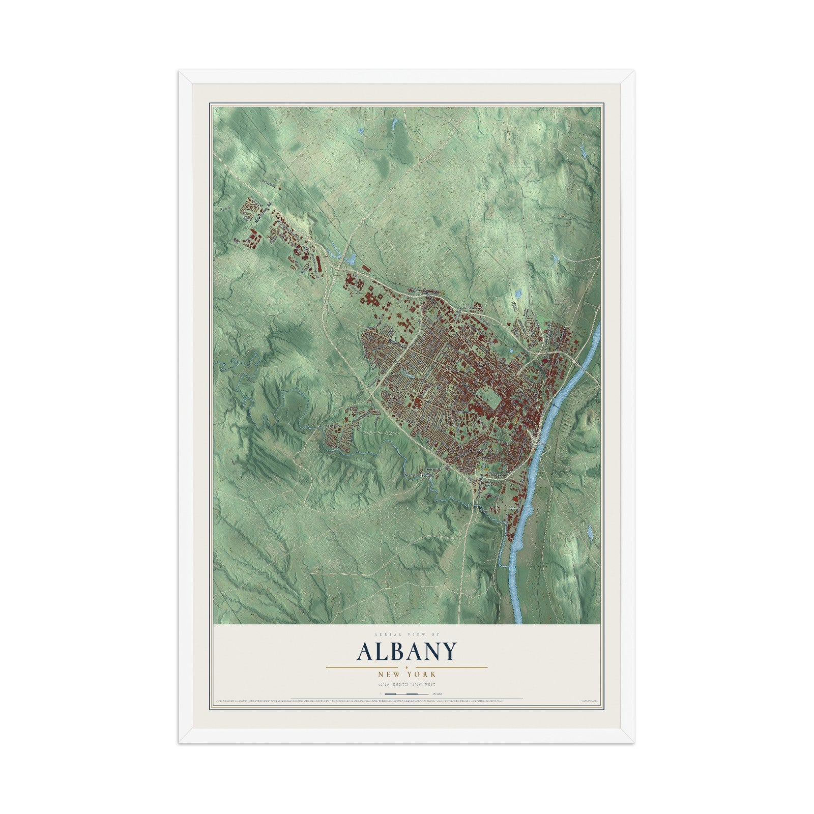 Albany, New York map print, 12" x 18" W/ White Ayous Wood Frame mockup