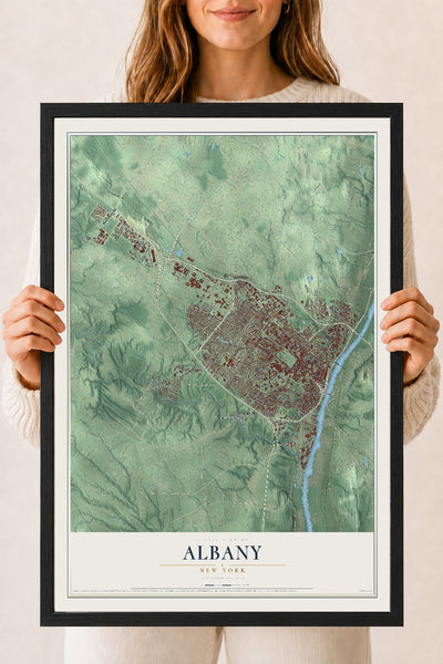 Albany, New York map print, 18" x 24" W/ Black Ayous Wood Frame mockup
