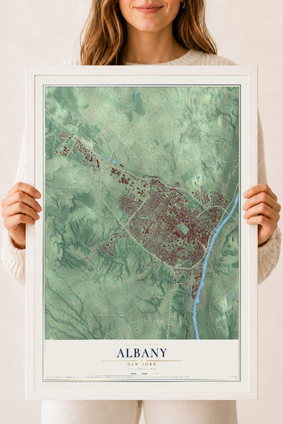 Albany, New York map print, 18" x 24" W/ White Ayous Wood Frame mockup