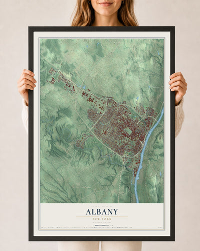 Albany, New York map print, 24" x 36" W/ Black Ayous Wood Frame mockup