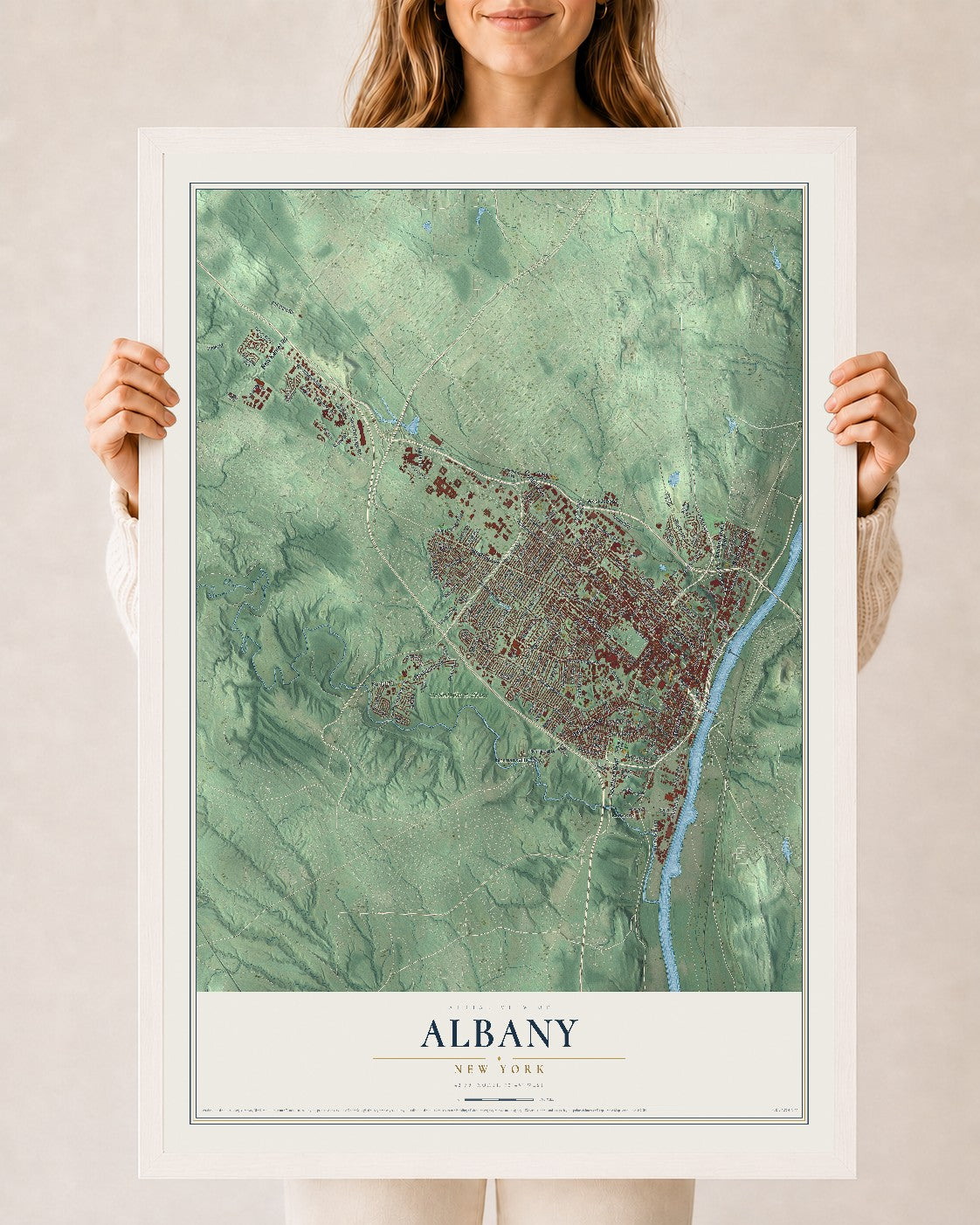 Albany, New York map print, 24" x 36" W/ White Ayous Wood Frame mockup