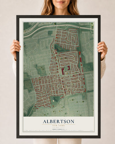 Albertson, New York map print, 24" x 36" W/ Black Ayous Wood Frame mockup