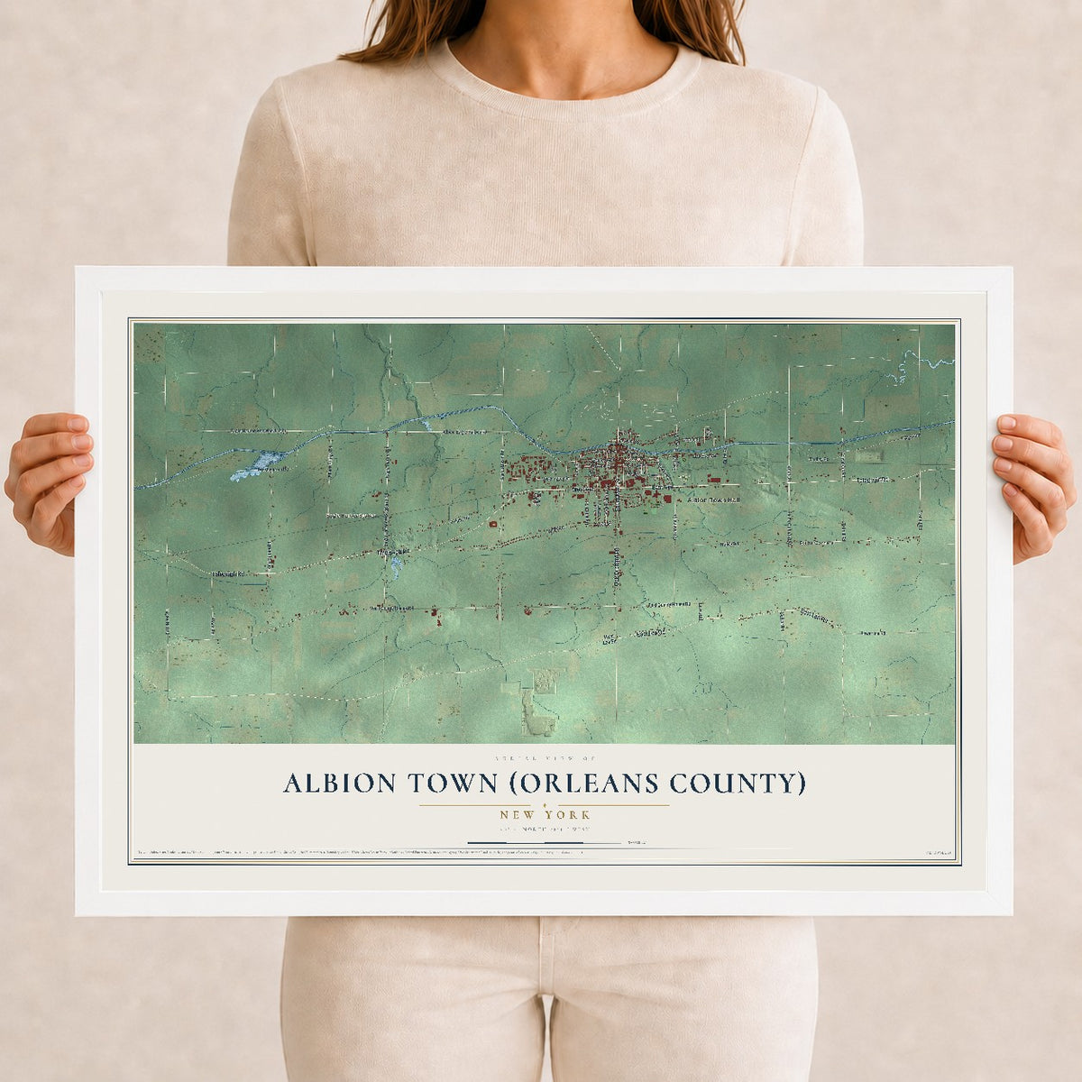 Albion Town (Orleans County), New York map print, 12" x 18" W/ White Ayous Wood Frame mockup