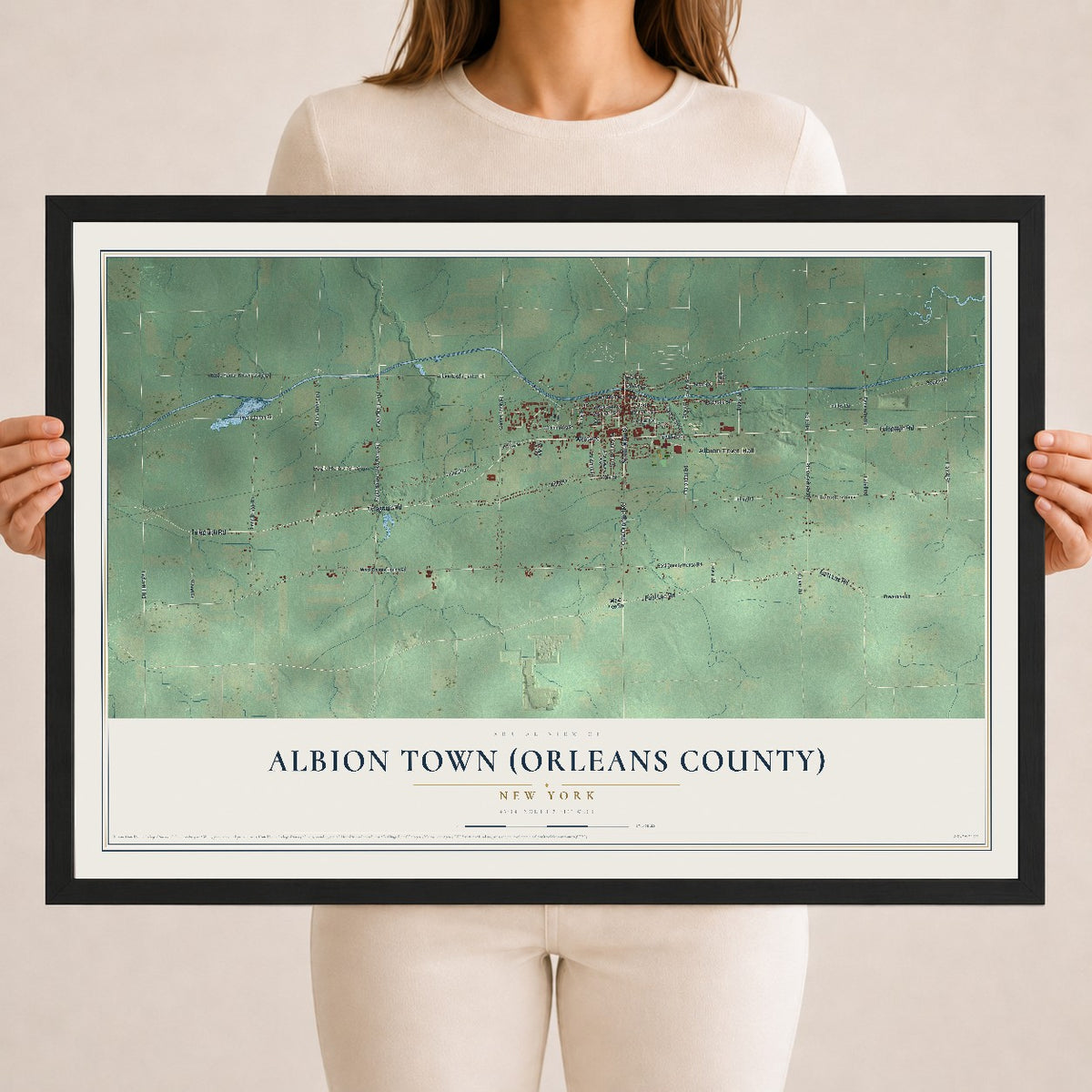 Albion Town (Orleans County), New York map print, 18" x 24" W/ Black Ayous Wood Frame mockup